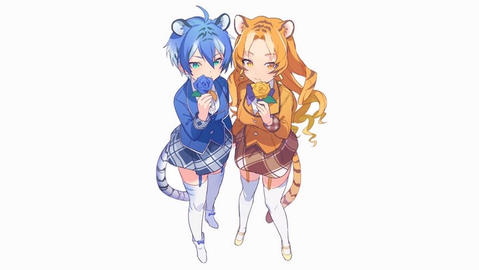 Two anime girls with animal ears holding flowers