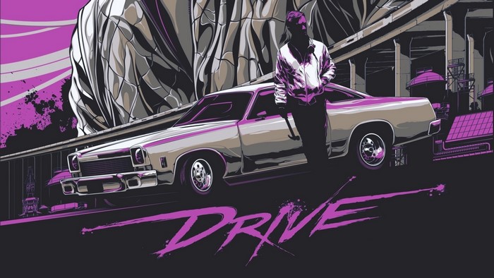Drive movie poster with car and man