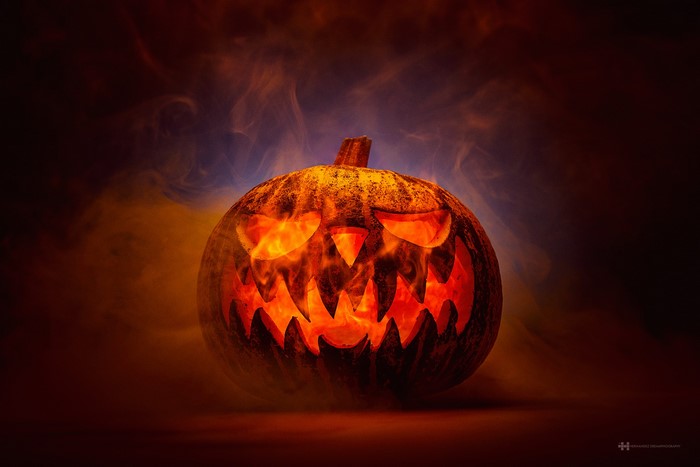 Jack-o'-lantern with fire and smoke