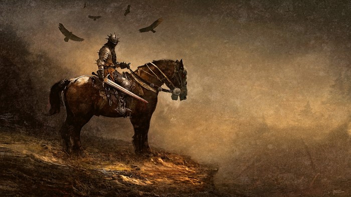 Knight on Horseback with Sword and Birds