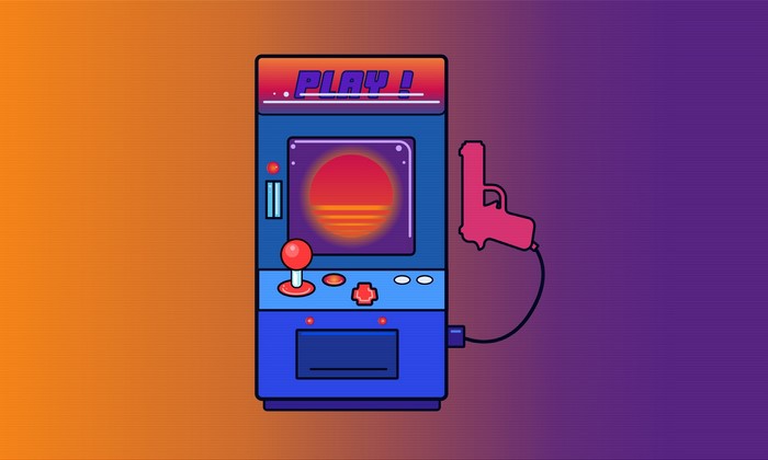 Arcade machine with gun controller and synthwave sunset