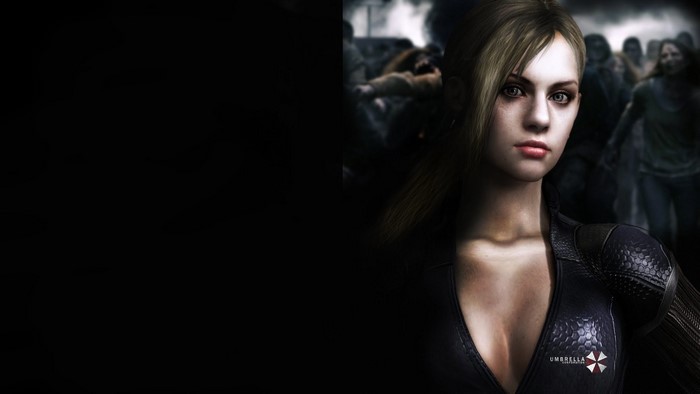Jill Valentine from Resident Evil 5 with zombies behind her
