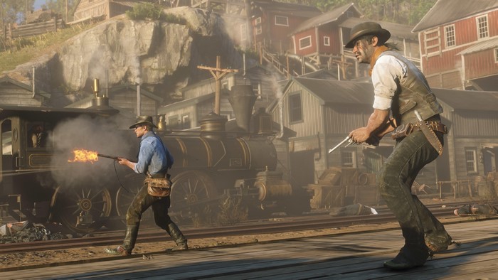 4K Red Dead Redemption 2: Arthur Morgan and Javier Escuella shoot from a train