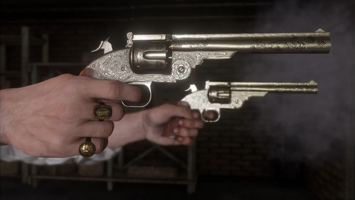 Two ornate revolvers held by hands in Red Dead Redemption 2