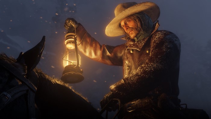 Micah Bell from Red Dead Redemption 2 holding a lantern