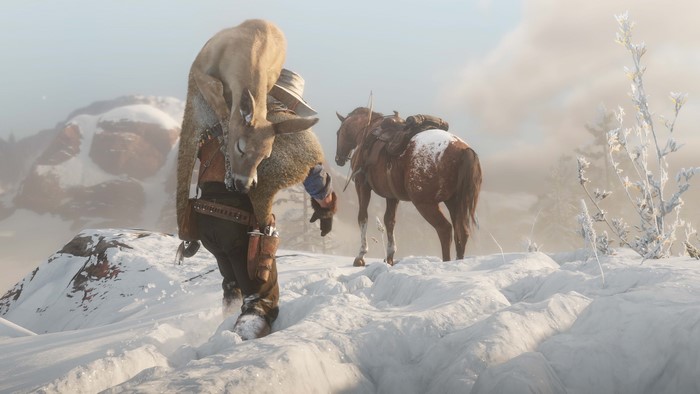 Man carrying deer with horse in Red Dead Redemption 2