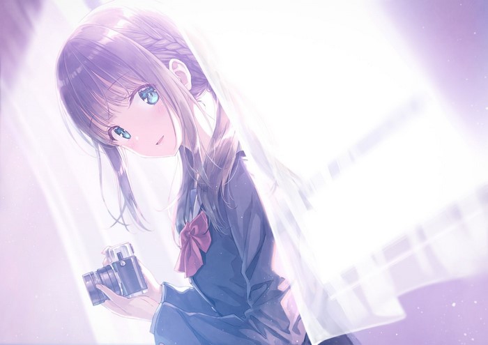 Anime girl with camera peeking from behind curtain