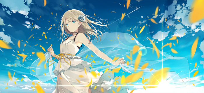 Anime girl with blue eyes and flower in hair