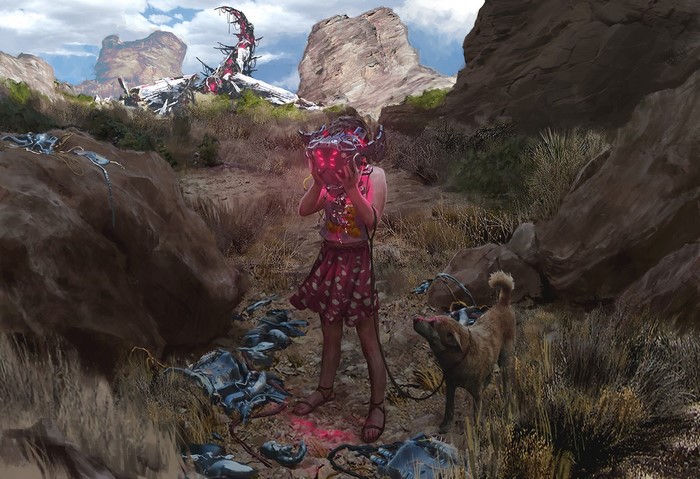 Girl with futuristic mask and dog in a post-apocalyptic landscape