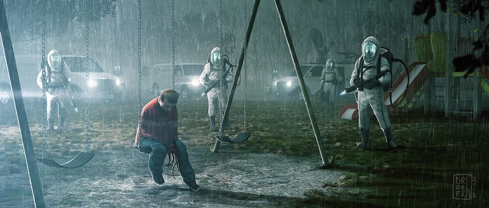 People in hazmat suits on a playground during a rainstorm
