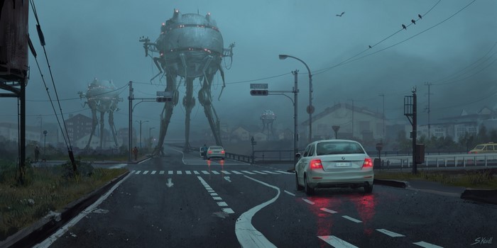 Science fiction tripods in a foggy city with cars