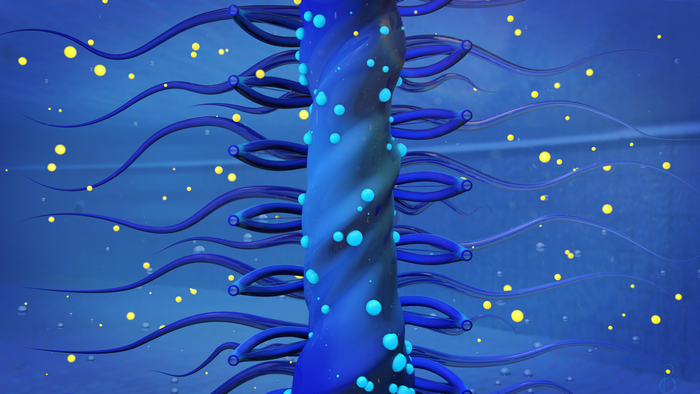 Abstract blue tentacles with yellow and blue glowing particles