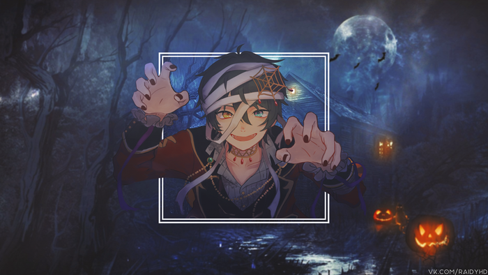 Anime character dressed as a mummy in a haunted forest