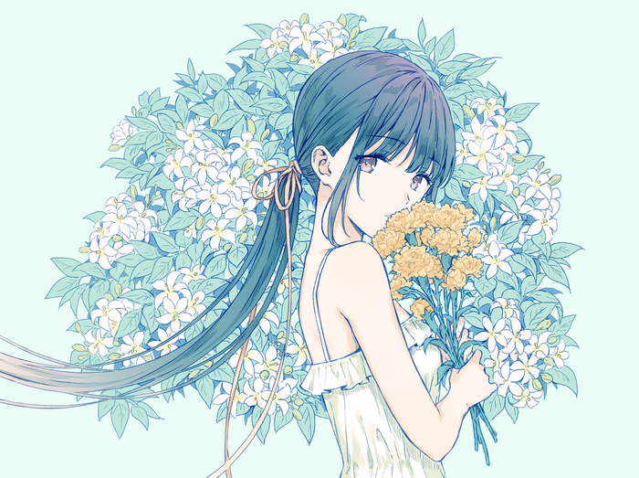 Anime girl with blue hair holding flowers
