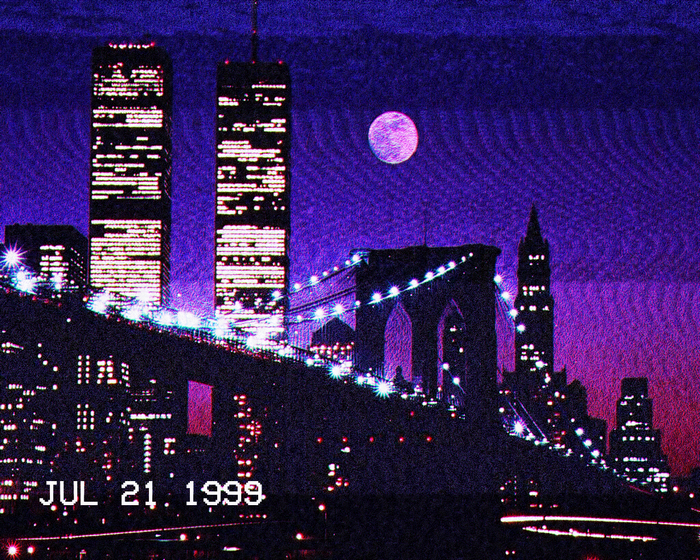 Twin Towers and Brooklyn Bridge at Night, New York City