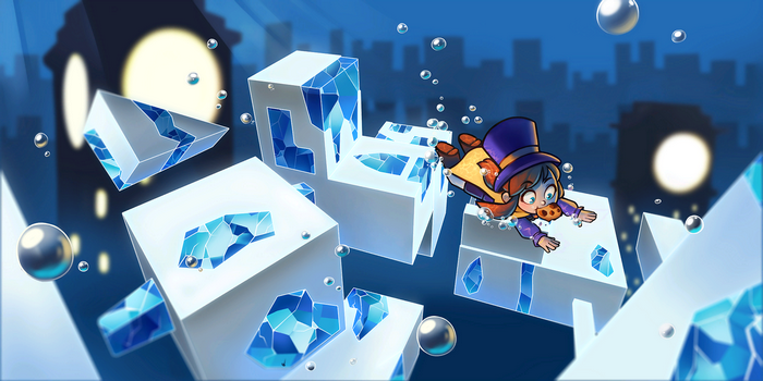 Hat Kid from A Hat in Time swimming among ice blocks