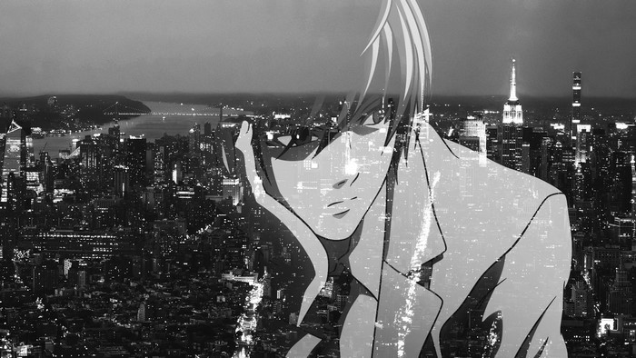 Yagami Light from Death Note superimposed on New York City skyline