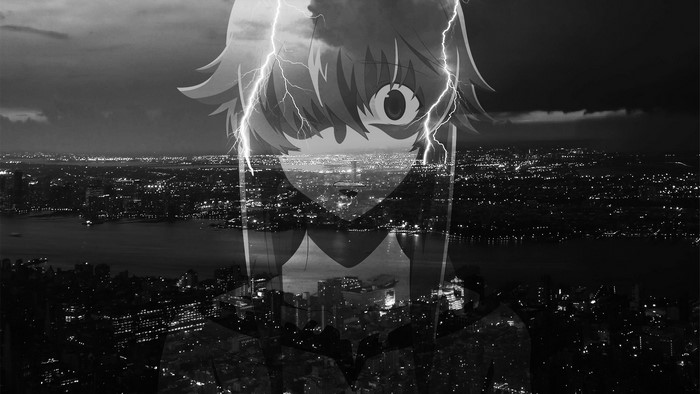 Gasai Yuno from Mirai Nikki with lightning over city