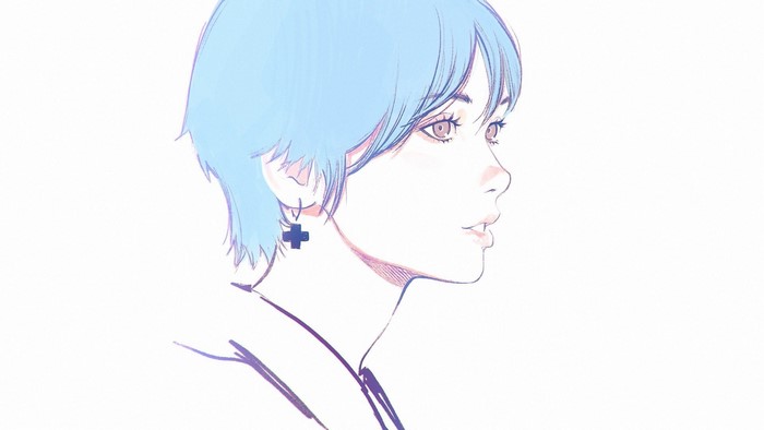 Artwork of a woman with blue hair in profile