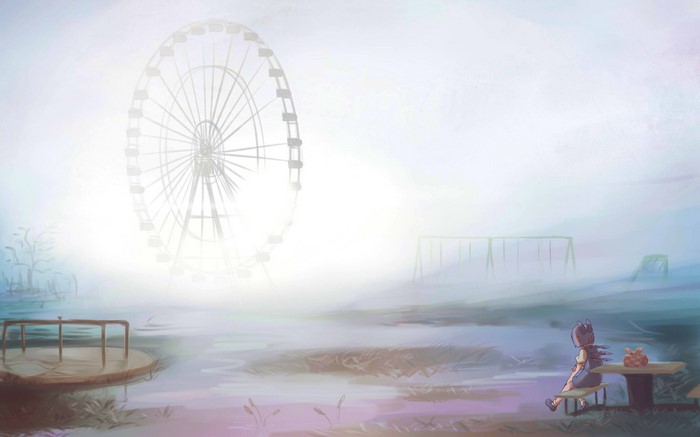 Cirno from Touhou at an abandoned amusement park