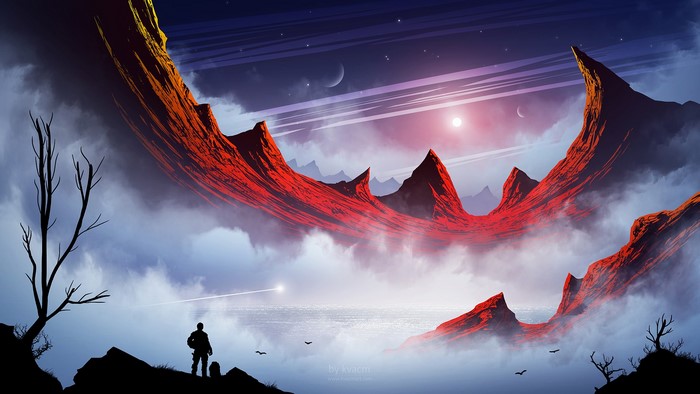 Man observing alien landscape with red mountains and moons