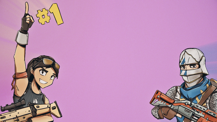 Fortnite characters with weapons and #1 sign