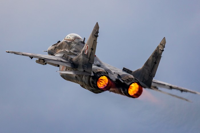 Polish MiG-29 fighter jet with afterburners engaged
