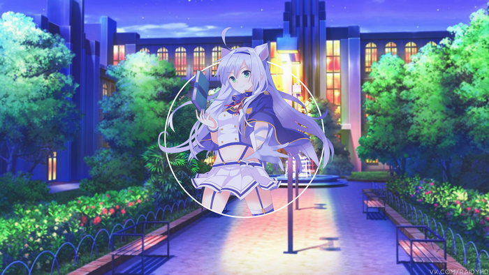 Anime girl with purple hair and green eyes