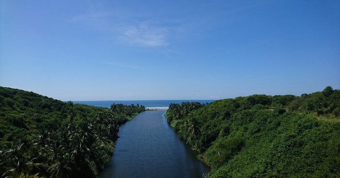River flowing into the ocean through a tropical landscape