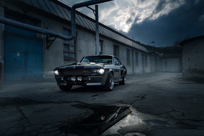 Eleanor Shelby Mustang parked in an industrial area
