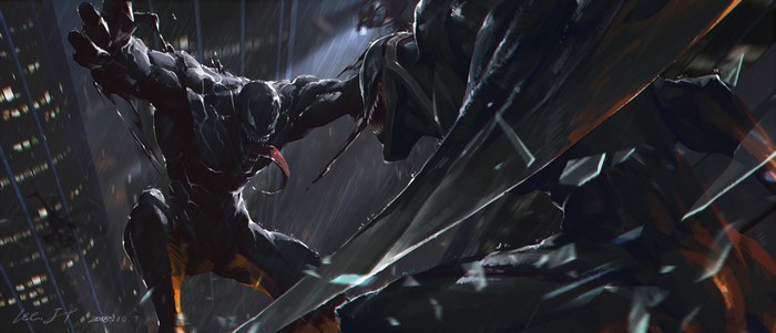 Venom and Riot fighting in a rainy city at night