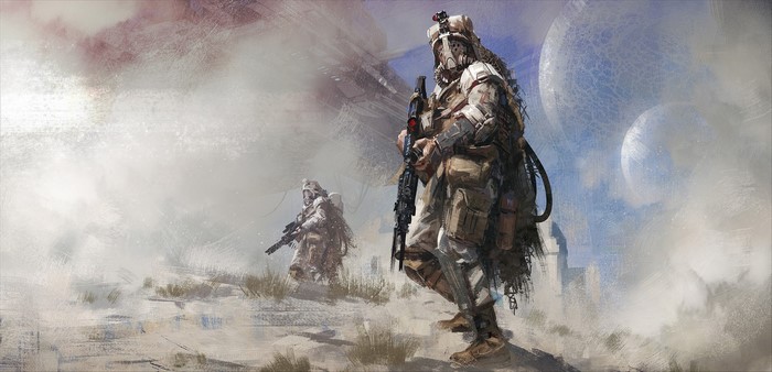 Soldiers in futuristic gas masks with rifles in a desert landscape