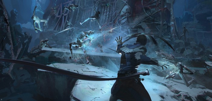 Undead creatures attacking a man in a ruined environment