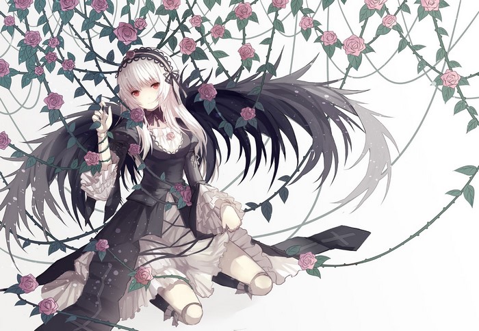 Suigintou from Rozen Maiden with black wings and roses