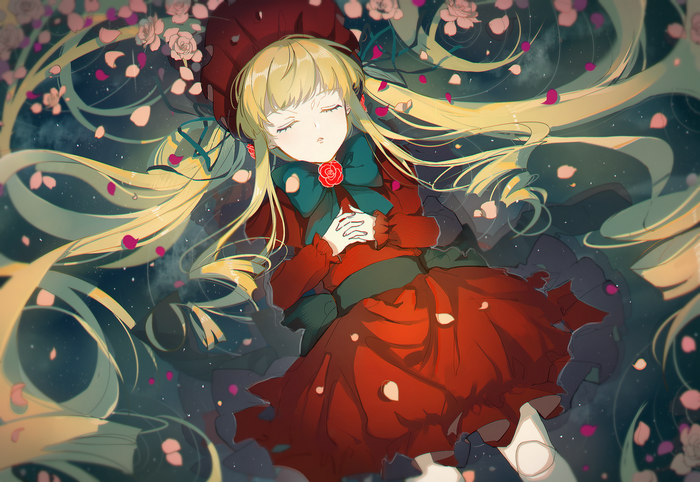 Shinku from Rozen Maiden sleeping among roses