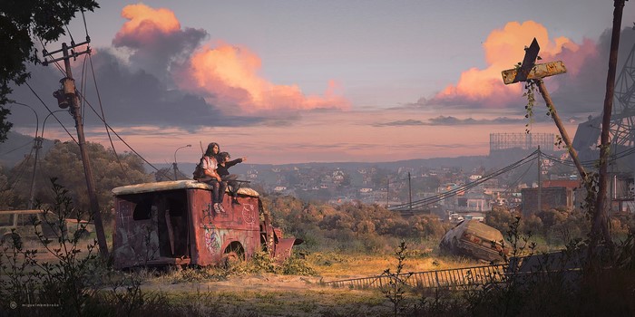 Two children sitting on a ruined vehicle overlooking a city