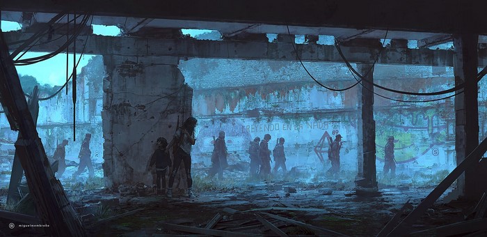 Survivors in a destroyed urban environment