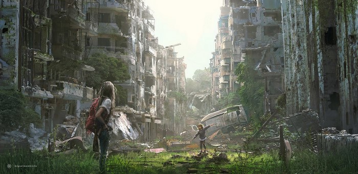 Apocalyptic city street with survivors
