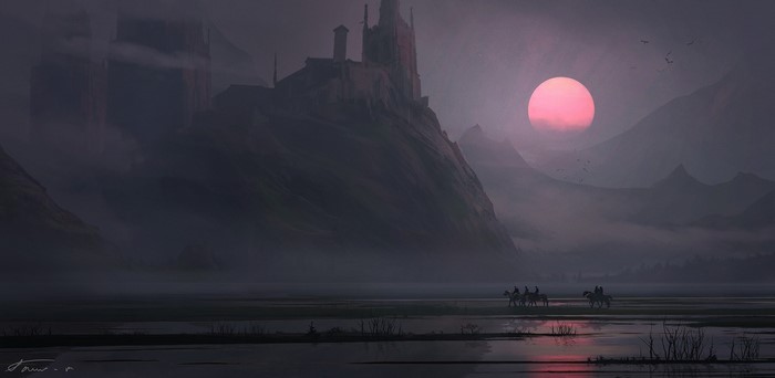 Castle on a mountain with riders at sunset