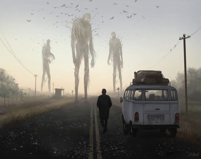 Giant figures on a foggy road with a man and van