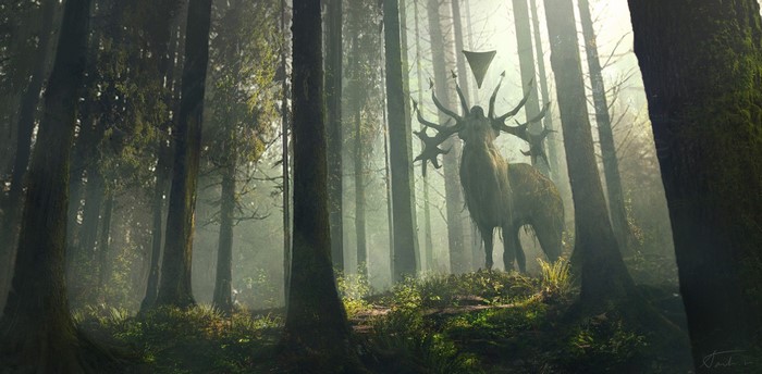 Fantasy deer with antlers in a misty forest
