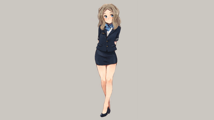 Anime stewardess in uniform with blue scarf