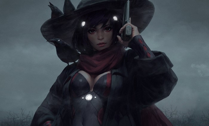Woman in witch hat with gun and crows