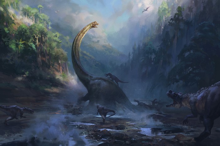 Artwork of dinosaurs in a prehistoric jungle by Nikolai Litvinenko