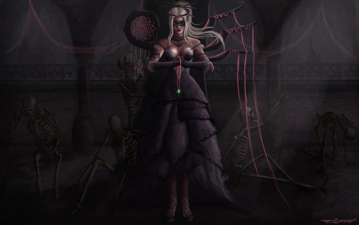 Dark fantasy art of a woman with skeletons