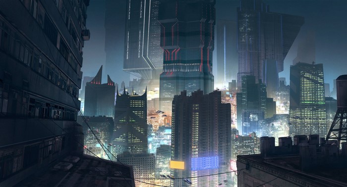 Futuristic cyberpunk city skyline at night