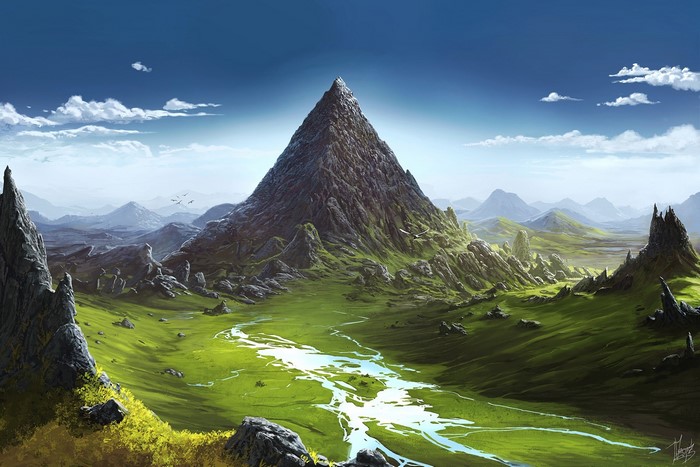 Digital art of a fantasy mountain landscape