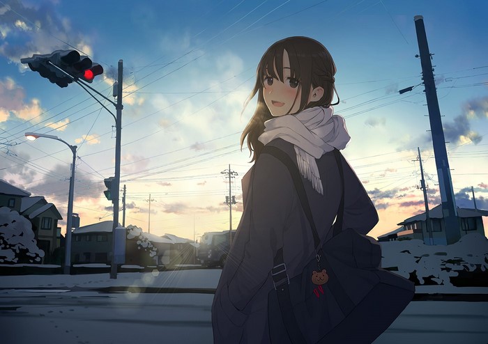 Anime girl in a snowy town at sunset