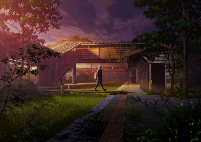 Anime schoolgirl with backpack at train station at dusk