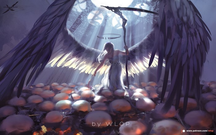 Angel with Scythe standing on eggs